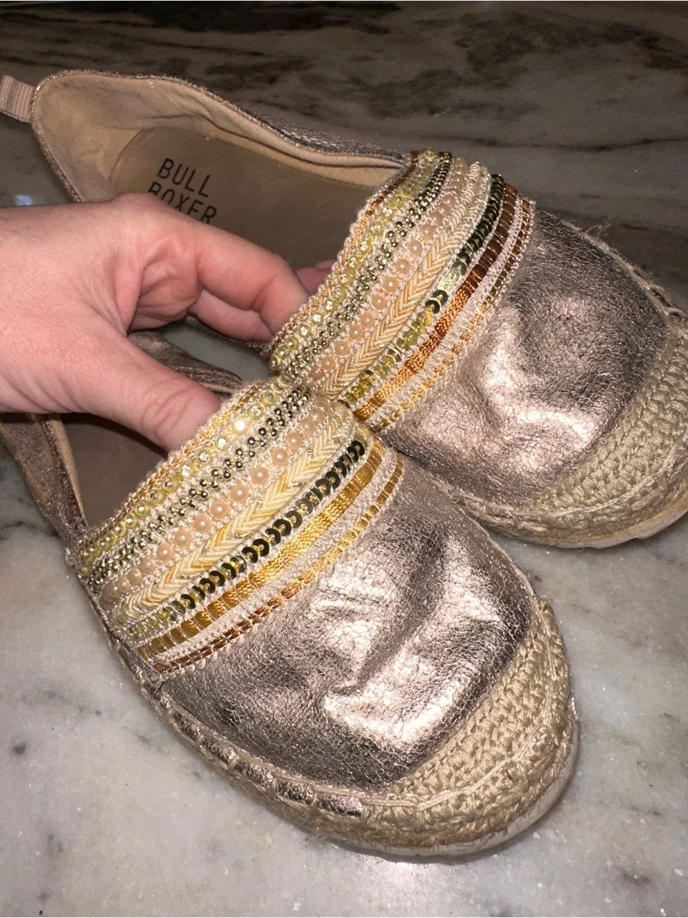Bull Boxer Size 39/8-8.5 Women's Metallic Espadrille Beaded Slip-Ons in Beige